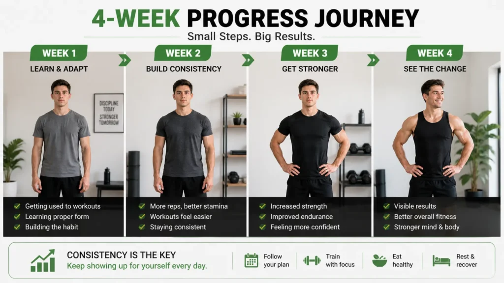 Beginner fitness progress over 4 weeks showing strength and confidence improvement