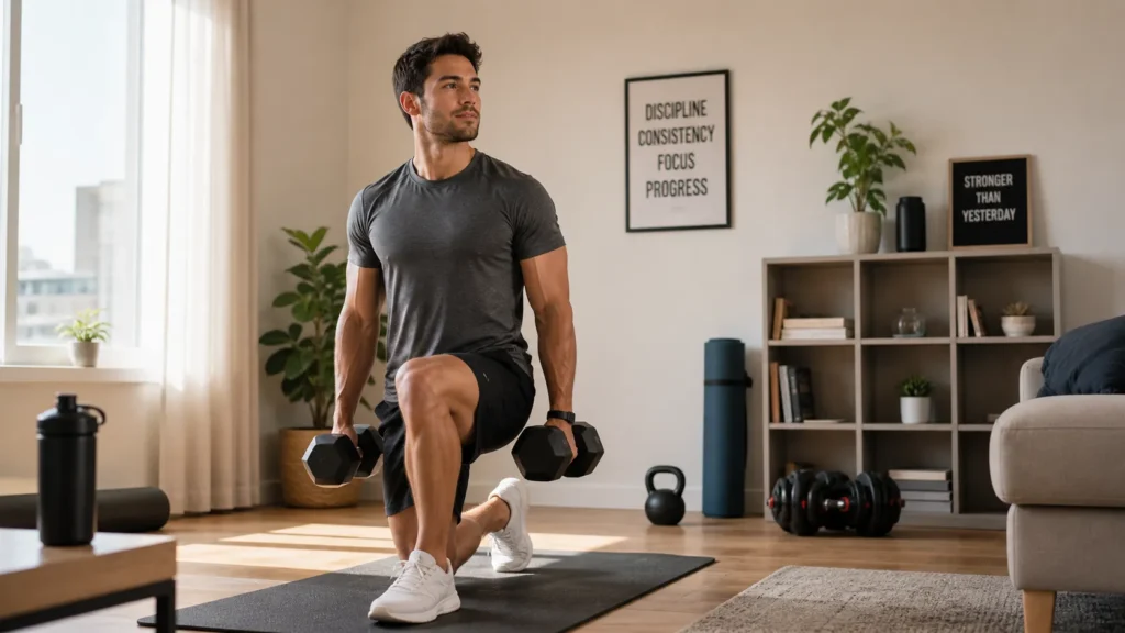 Beginner working out at home confidently following a workout routine