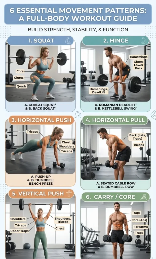 Fitness diagram showing squat hinge push pull carry and core movement patterns