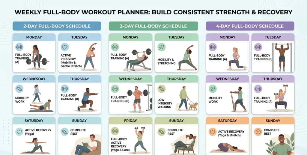 Weekly full-body workout planner showing 2 day 3 day and 4 day training schedules
