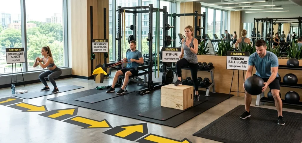 Circuit training workout stations arranged for a visceral fat reduction workout