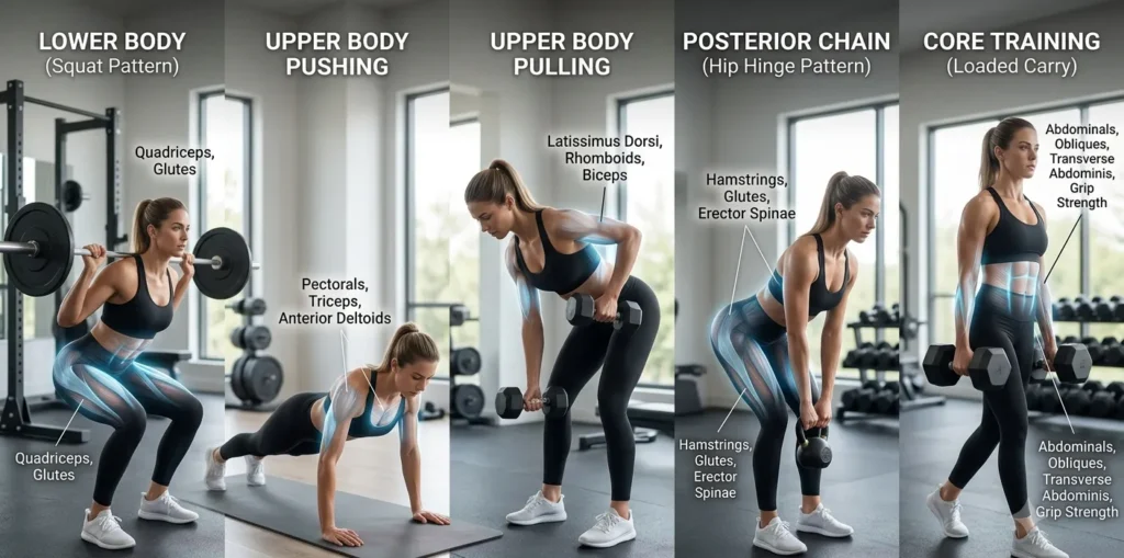 Major movement patterns used in a full-body workout routine