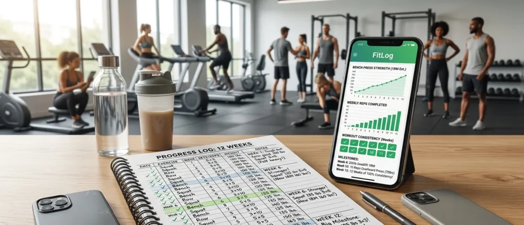 Workout journal tracking progressive overload in a full-body workout program