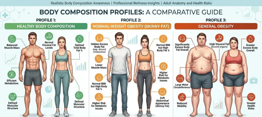 Comparison of healthy body composition, normal-weight obesity, and general obesity