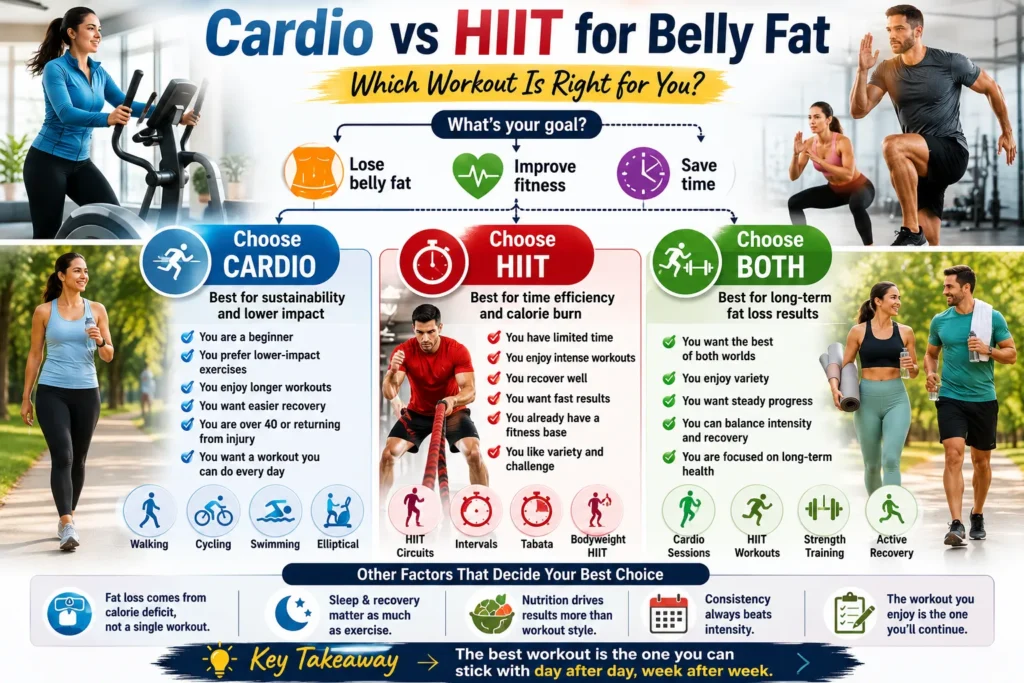 Decision tree infographic showing when to choose cardio, HIIT, or a combination of both