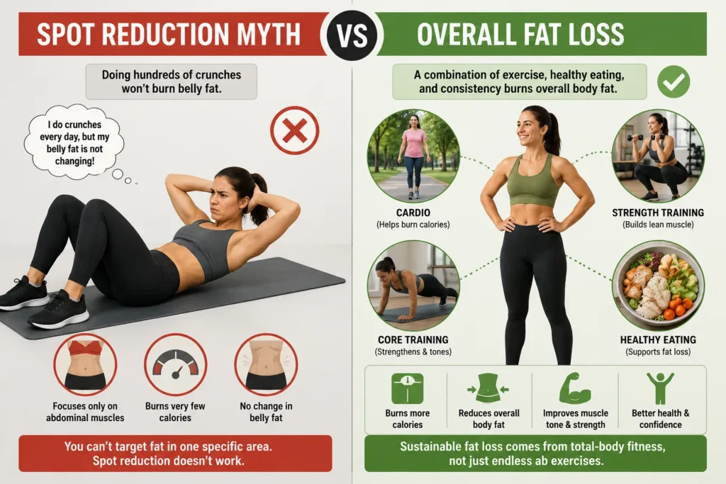 Comparison between spot reduction myth and overall body fat loss through exercise and healthy habits