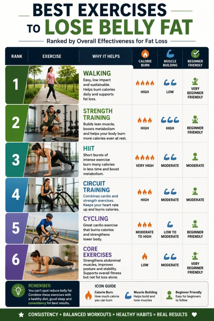 Infographic ranking the best exercises to lose belly fat including walking HIIT and strength training