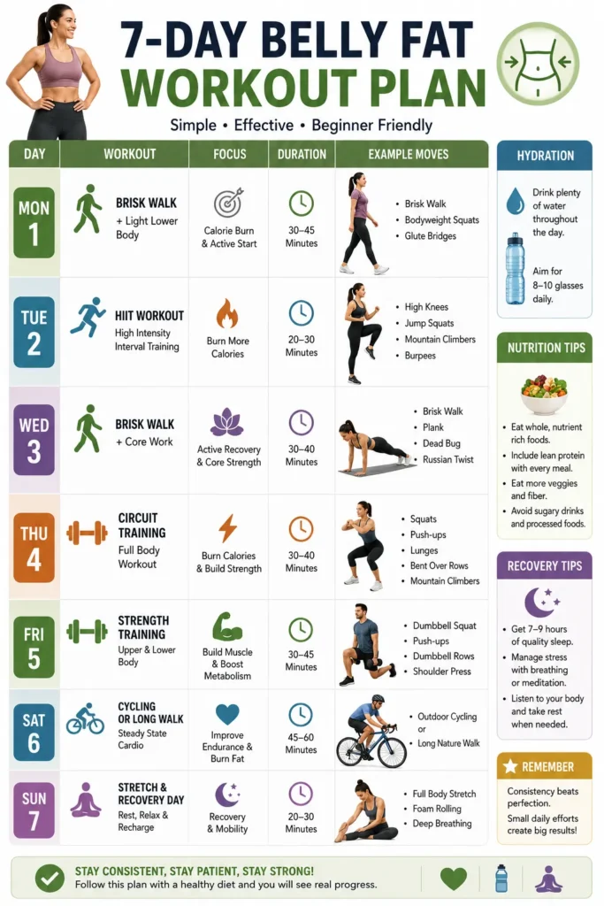 Weekly workout plan infographic for losing belly fat with walking HIIT strength training and recovery days