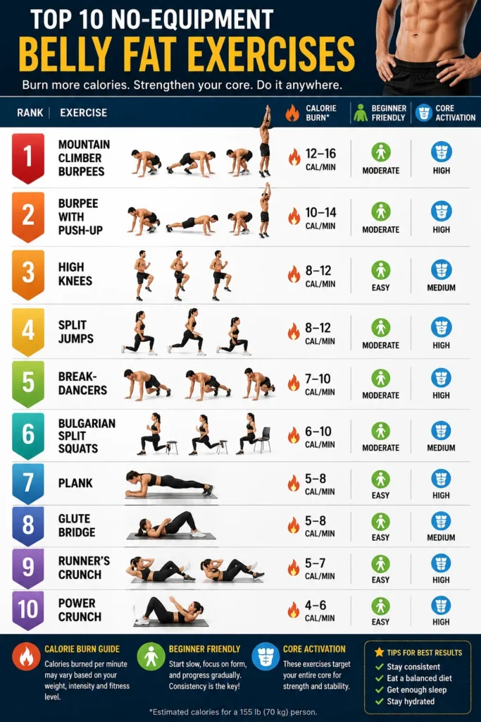 Infographic showing the best no-equipment belly fat exercises ranked for calorie burn and core activation