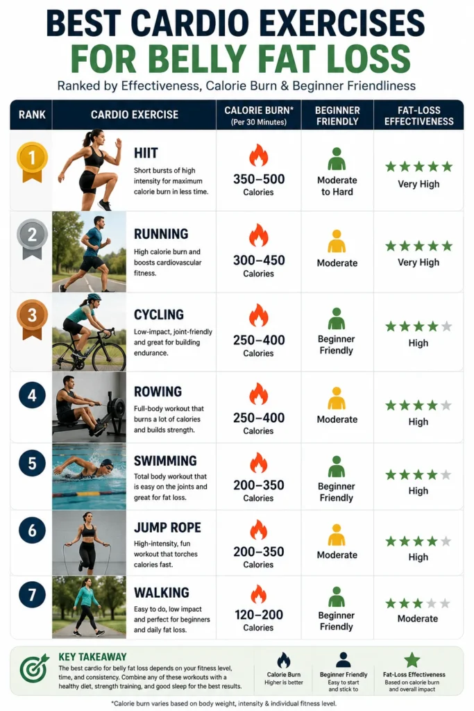 Ranking of the best cardio exercises for belly fat loss