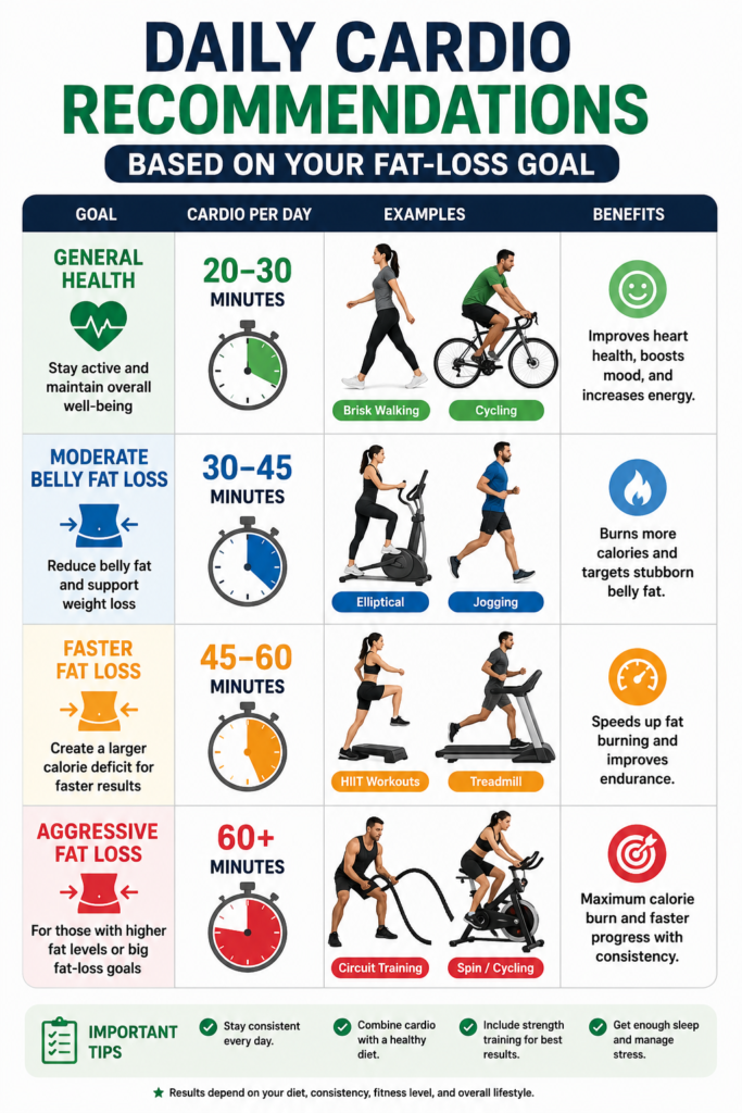 Infographic showing recommended daily cardio duration for different fat-loss goals