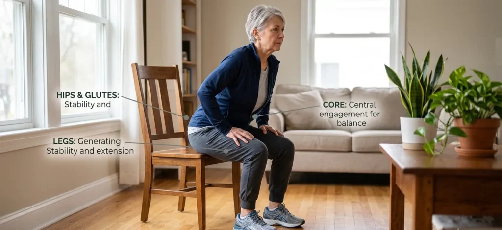 Senior performing a sit-to-stand exercise to improve lower-body strength.