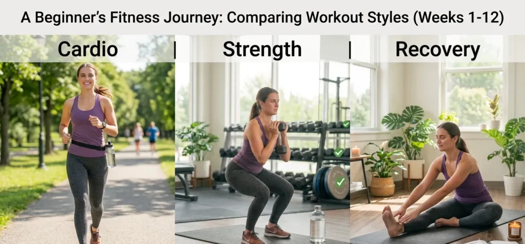 Comparison of cardio, strength training, and active recovery exercises for beginner women