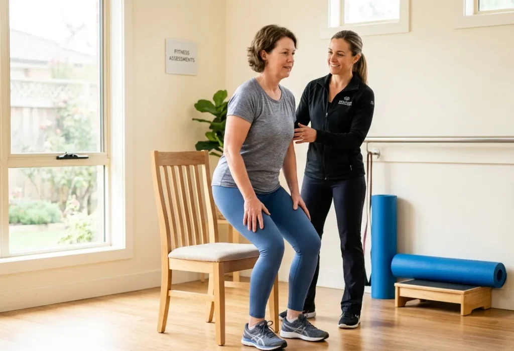 Beginner practicing a supported chair exercise with guidance from a fitness coach