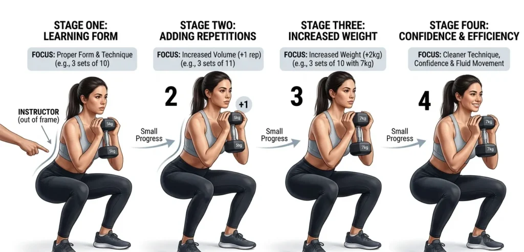 Visual progression showing a beginner gradually improving a dumbbell squat.