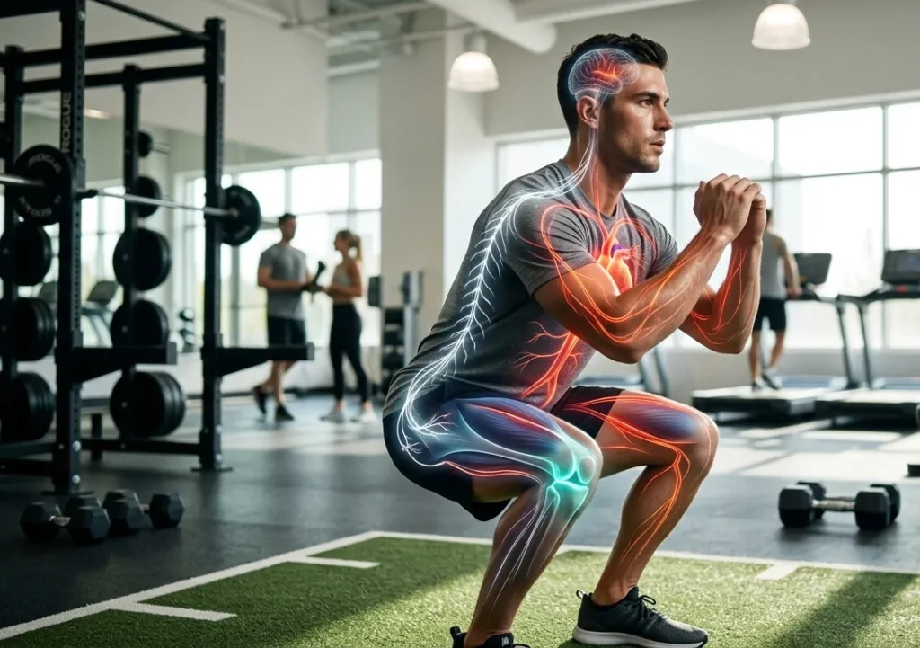 Illustration showing muscle activation and increased blood flow during a workout warm-up.