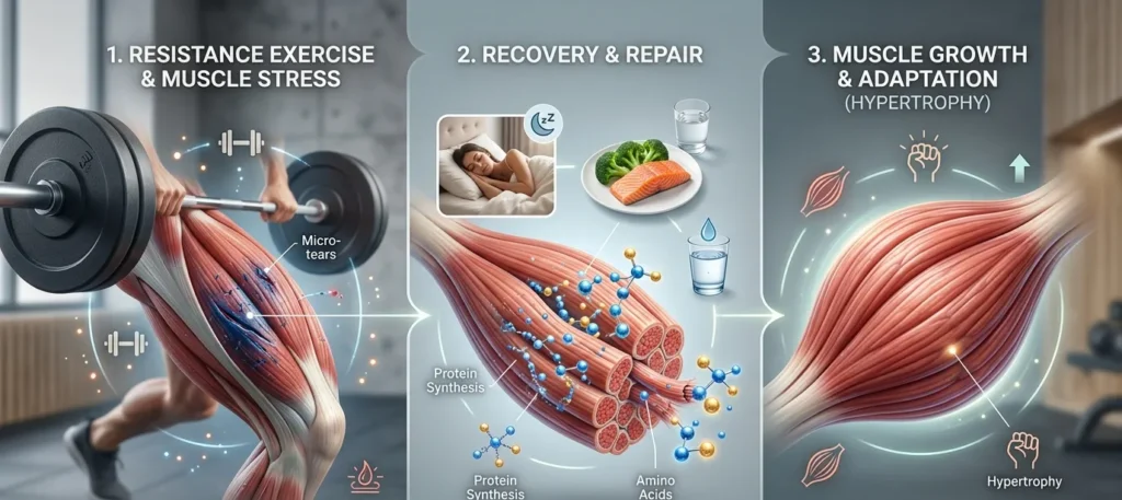 Illustration showing muscle repair and growth after a full body hypertrophy workout.