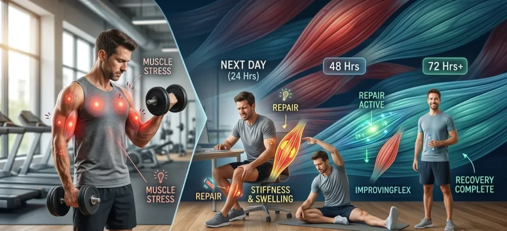 Illustration showing the stages of muscle soreness and recovery after exercise.