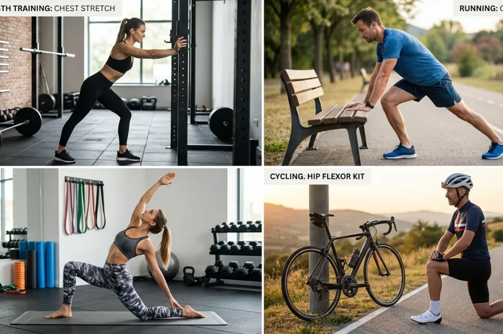 Different athletes performing post-workout stretches after strength training, running, HIIT, and cycling.