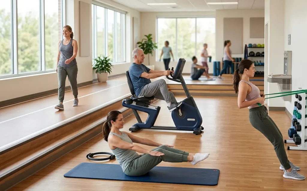Beginners walking, cycling, using resistance bands, and practicing Pilates