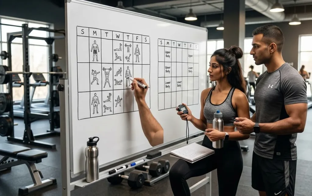 Weekly workout frequency comparison for full-body and split workouts.