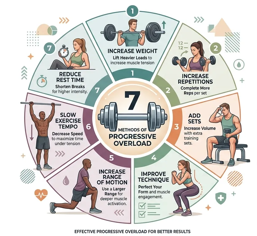 Infographic showing seven beginner-friendly methods of progressive overload.