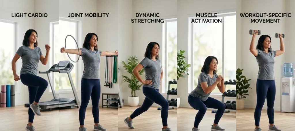 Beginner performing each stage of a complete workout warm-up.