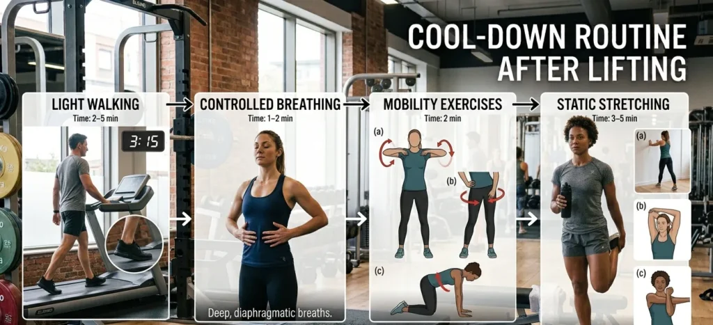 Step-by-step infographic showing a complete cool-down routine after lifting weights.
