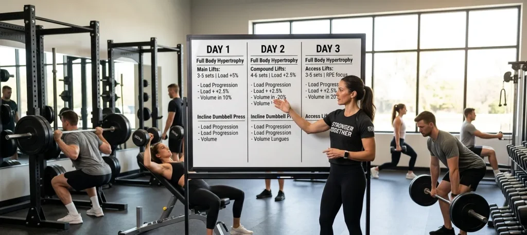 Athletes demonstrating the correct exercise sequence during a hypertrophy workout.
