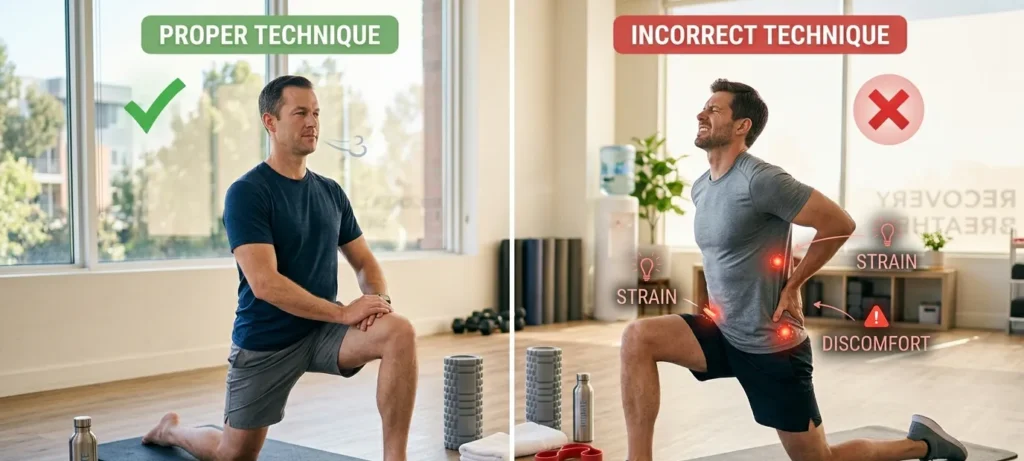 Comparison showing proper stretching technique versus overstretching sore muscles.