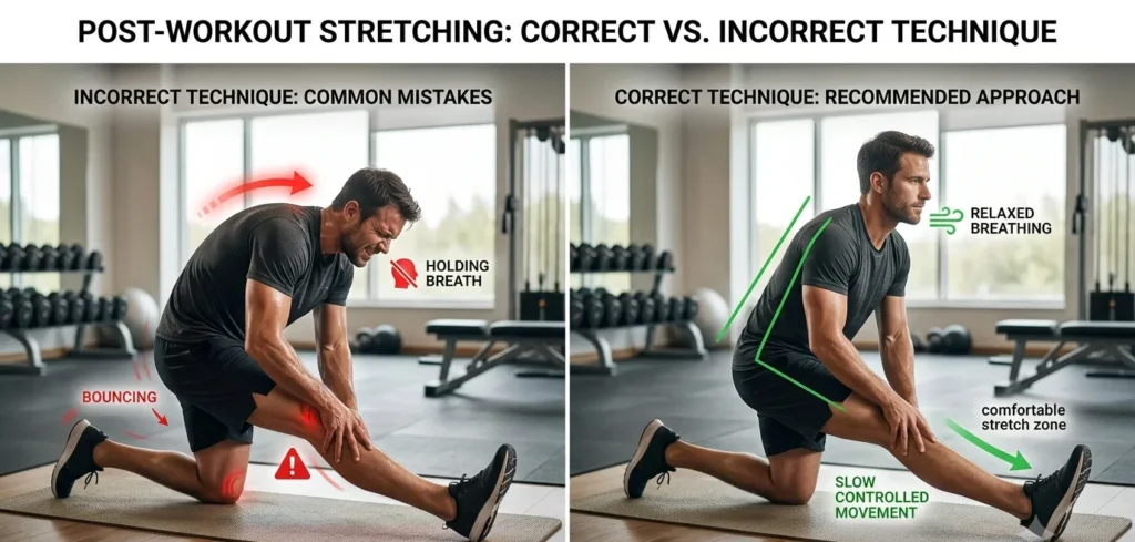 Comparison of proper and improper stretching techniques after exercise.