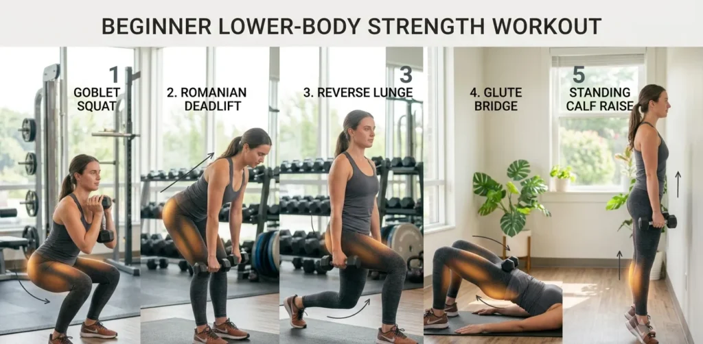 Beginner woman performing lower-body strength exercises with correct form