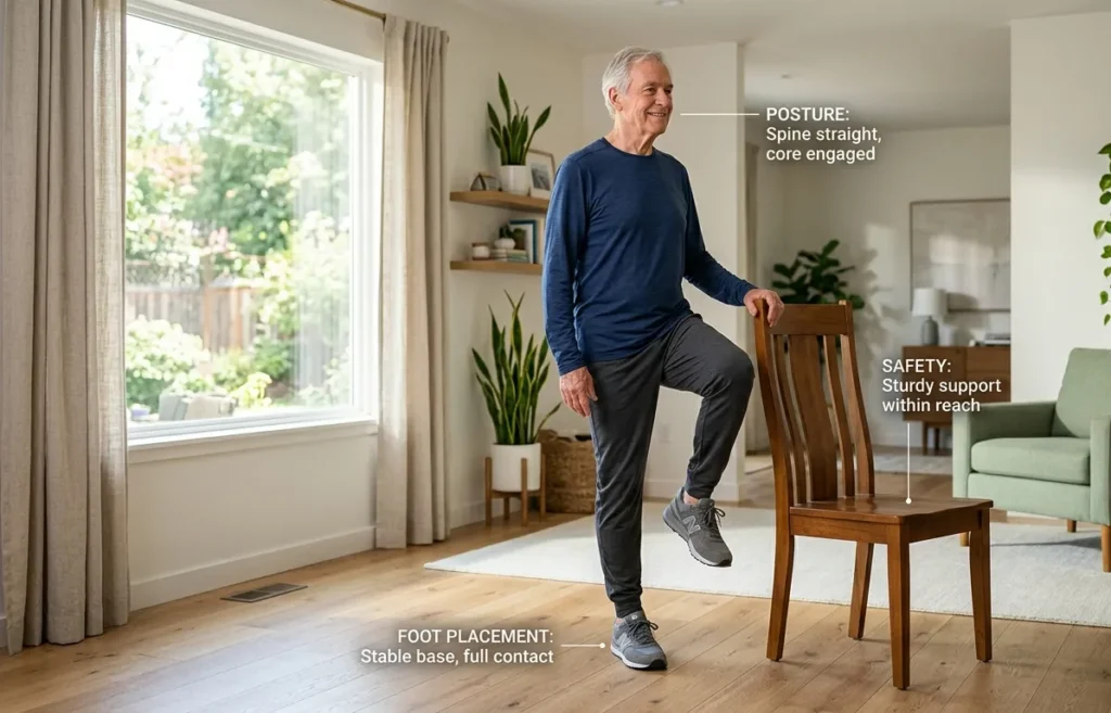 Older adult practicing a one-leg balance exercise beside a chair.