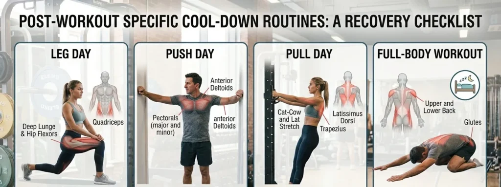 Comparison of cool-down stretches for leg day, push day, pull day, and full-body workouts.