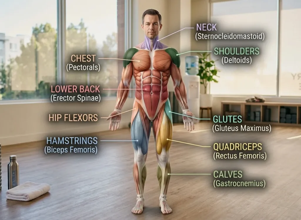 Illustration highlighting the main muscle groups targeted by recovery stretches.