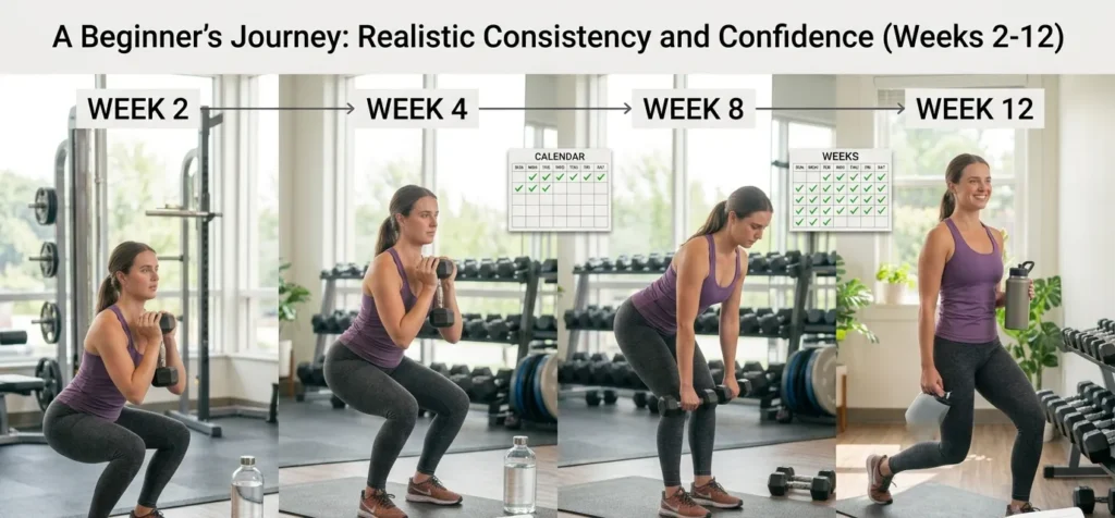 Realistic 12-week fitness progress timeline for a beginner woman
