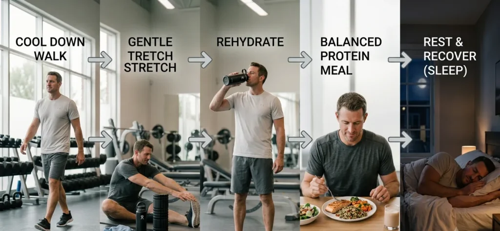 Step-by-step recovery routine after exercise including stretching, hydration, nutrition, and sleep.