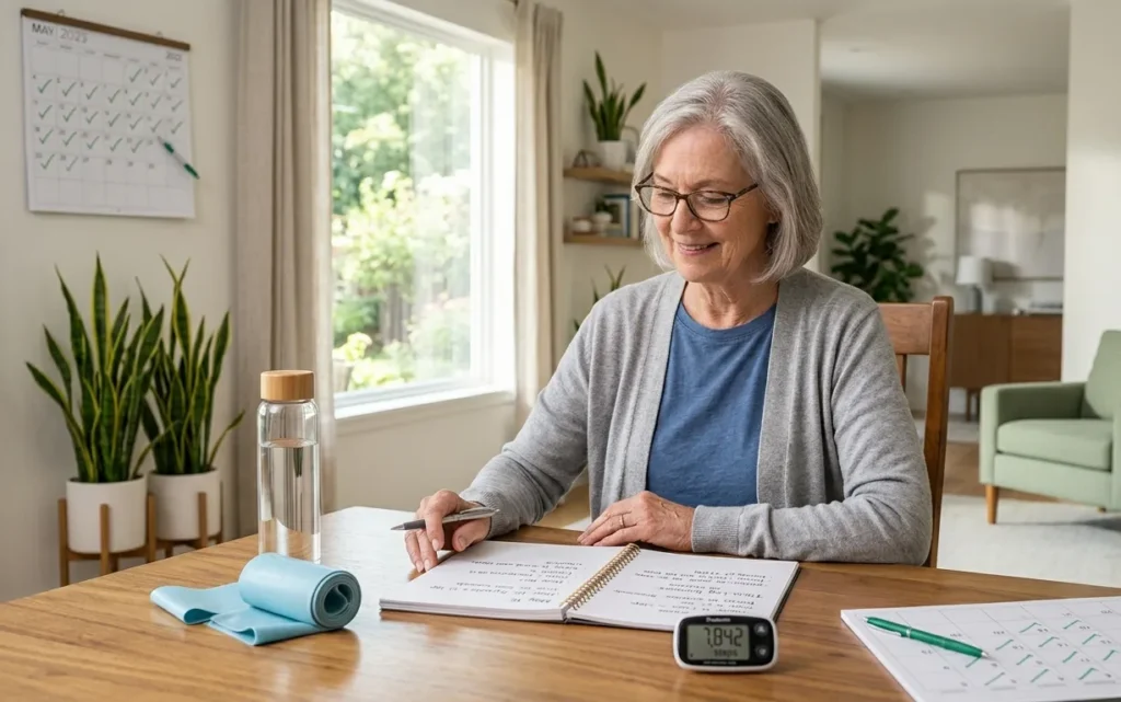 Senior recording workout progress in a fitness journal at home.