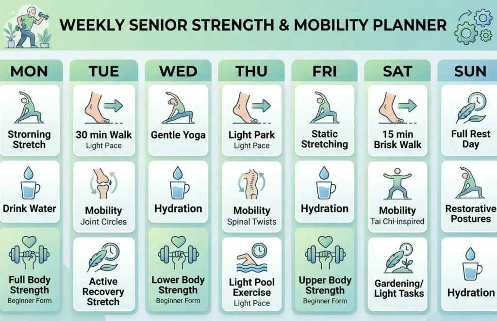 Weekly workout planner designed for beginner seniors.