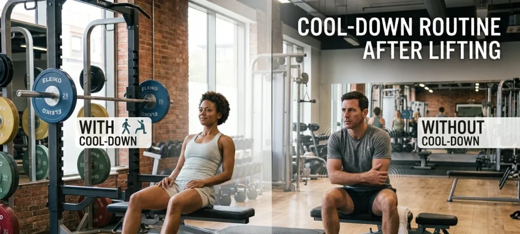 Comparison showing recovery after lifting with and without a cool-down routine.