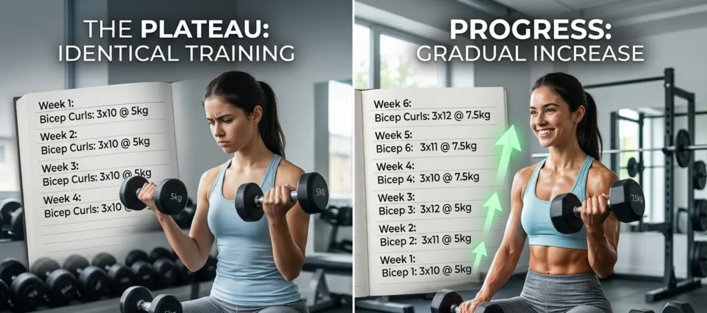 Comparison between repeating the same workout and using progressive overload.