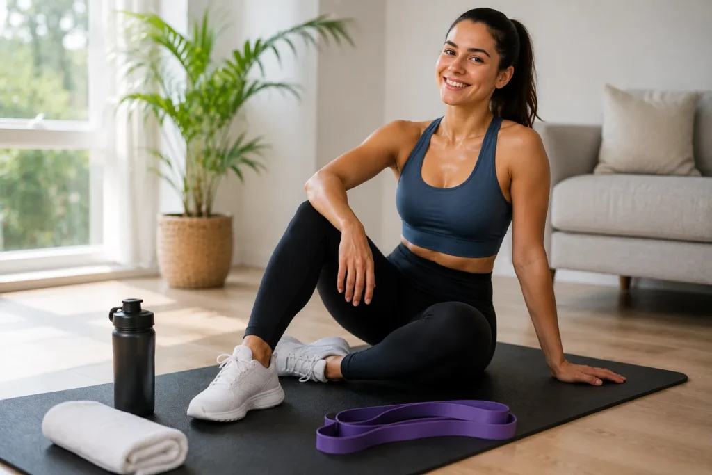 Beginner finishing a resistance band workout at home