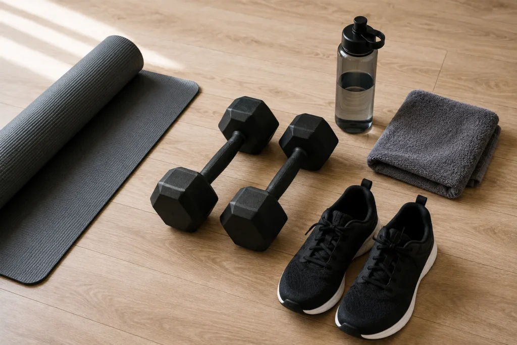 Dumbbells, exercise mat, water bottle, towel, and shoes for a beginner workout