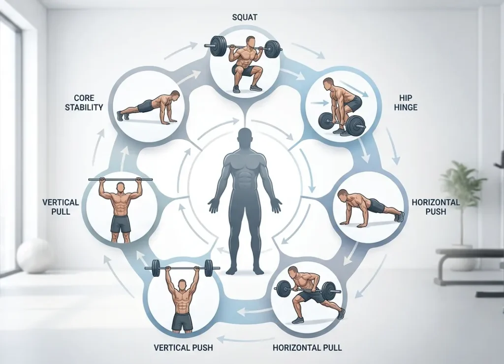Illustration showing the seven primary movement patterns used in strength training.