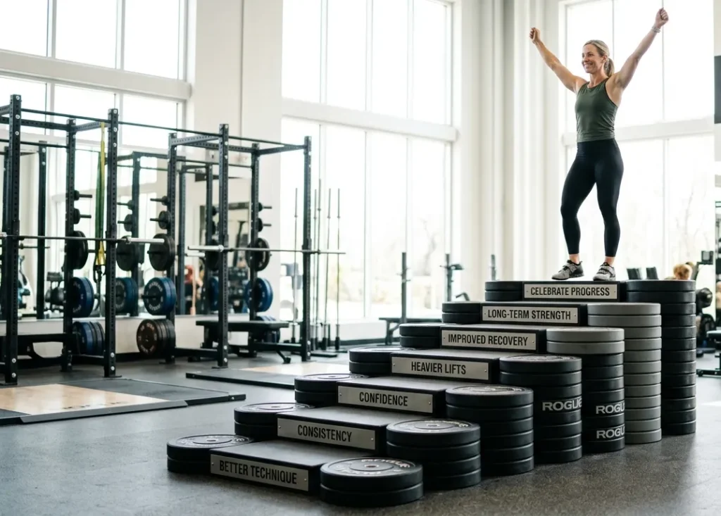 Weight plate staircase representing gradual strength progress through consistent training.
