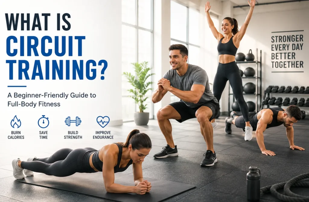 What Is Circuit Training? Benefits, Exercises & Beginner Workouts Beginner performing circuit training workout with cardio and strength exercises in a modern gym