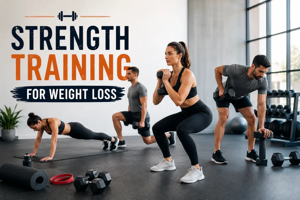 Strength Training for Weight Loss: Beginner Guide to Burn Fat and Build Lean Muscle Beginner strength training workout for weight loss with men and women exercising