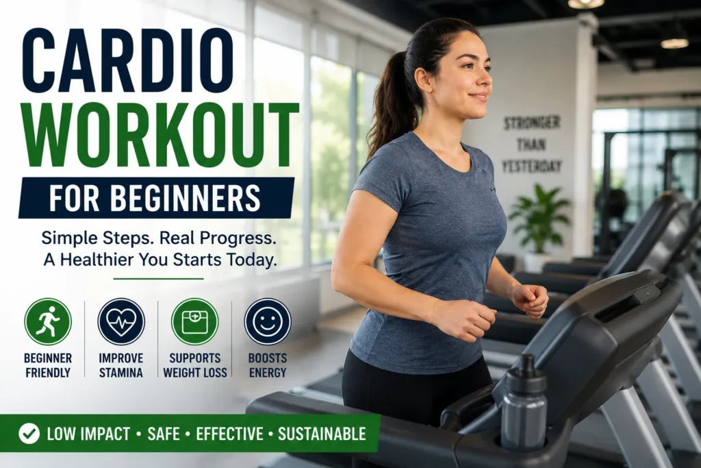 Cardio Workout for Beginners: Safe and Simple Ways to Get Started Beginner walking on treadmill during cardio workout in a modern gym