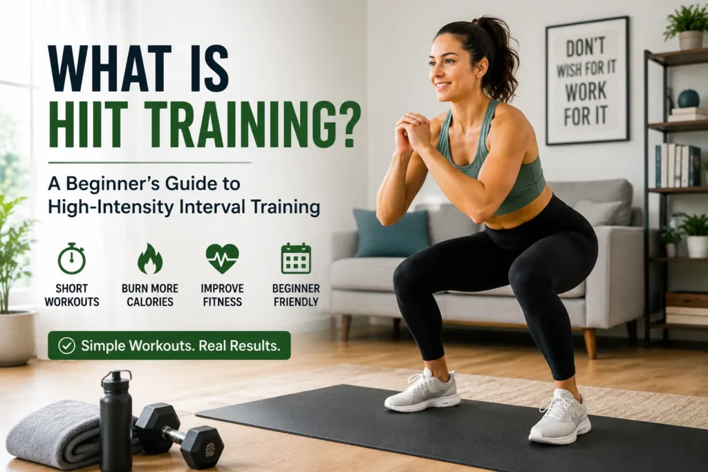 Beginner performing a HIIT workout at home in a modern living room