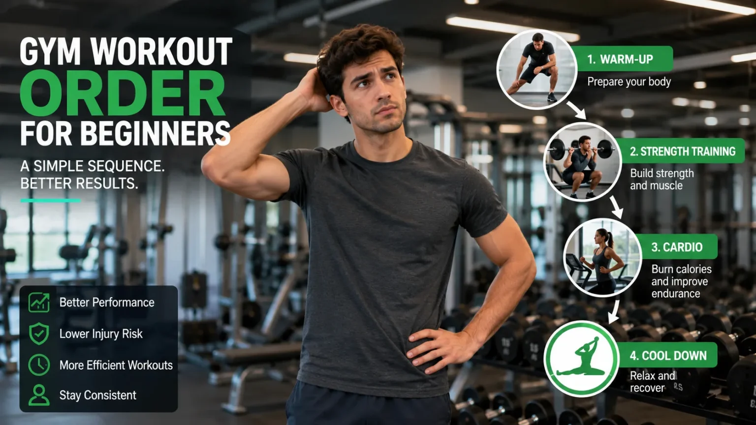 Gym Workout Order for Beginners: The Correct Exercise Sequence Beginner warming up on treadmill before workout in gym